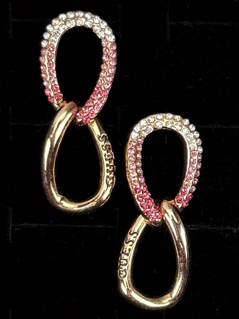 Guess Pink Ombre Rhinestone Gold Tone Link Pierced Earrings